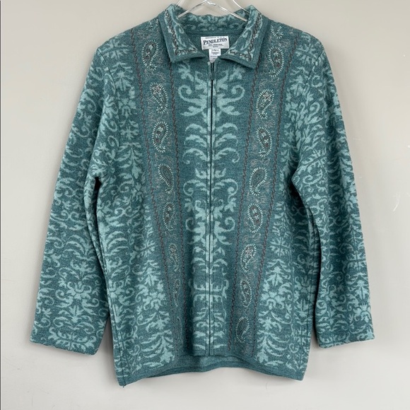 VINTAGE Pendleton 100% Virgin Merino Wool Zip-Up Sweater Jacket SizeLarge Petite - Picture 1 of 7